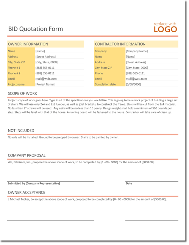 Bid Quotation template for Excel