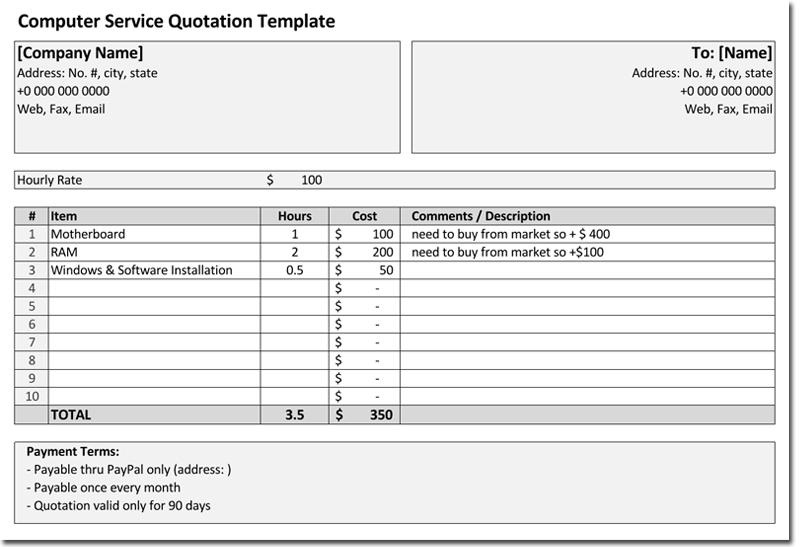 Computer Service Quotation Template for Excel