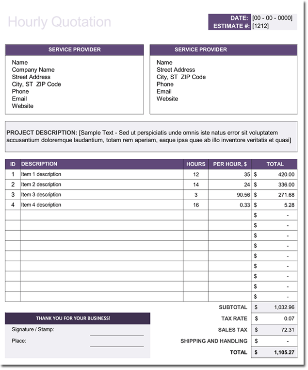 Hourly Price Quotation Template for Excel