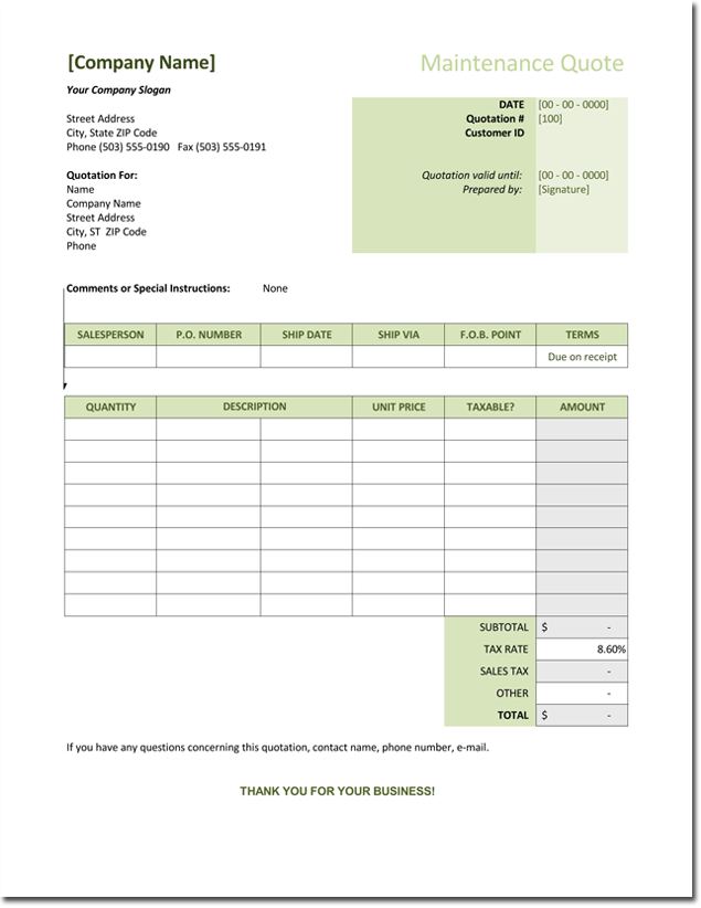 Maintenance Quotation Template for Excel