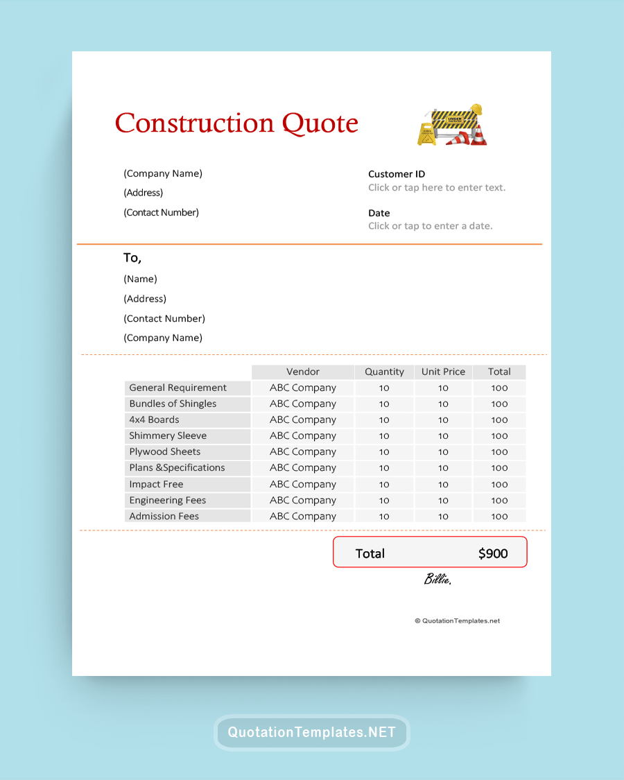 Construction Quote Template Home Word