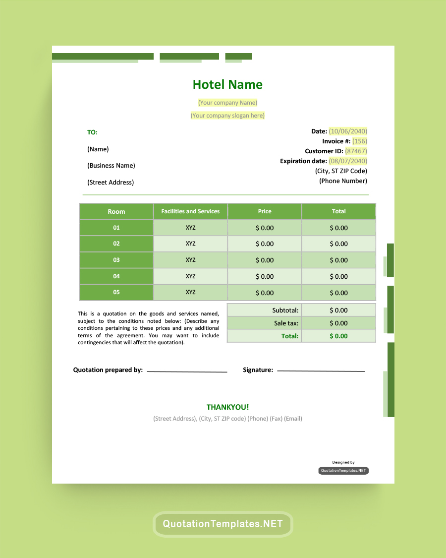 Hotel Quote Template - Green - Word