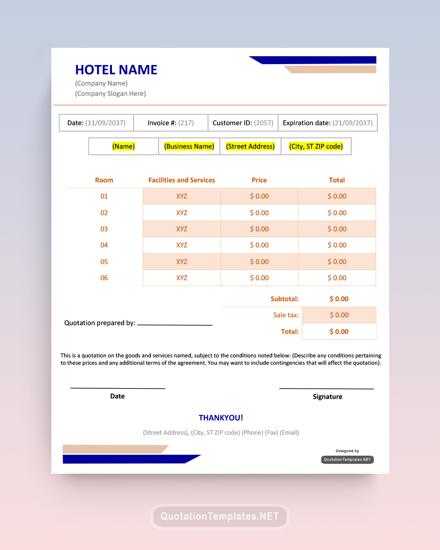 Hotel Quote Template - Blue - Word