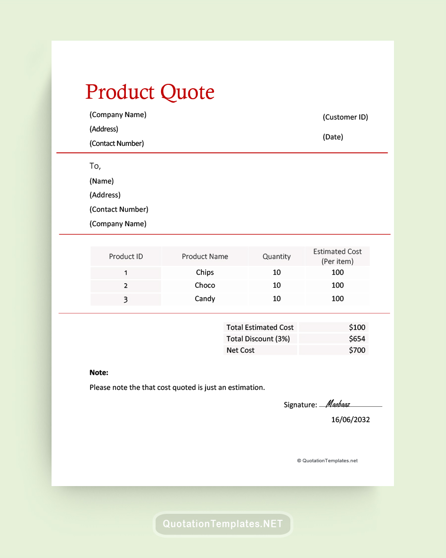 Product Quote Template - Red - Word