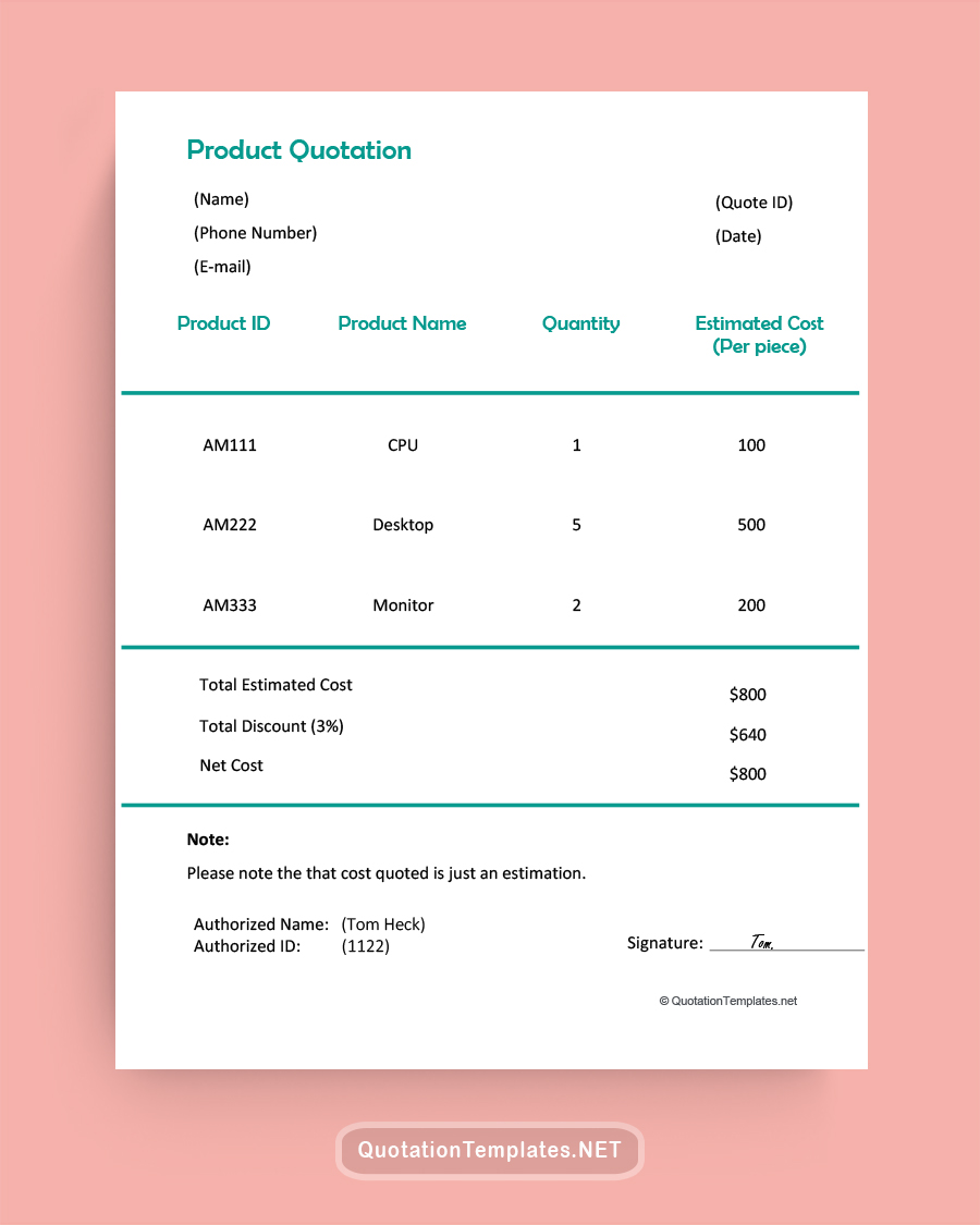 Product Quote Template - Turquoise - Word