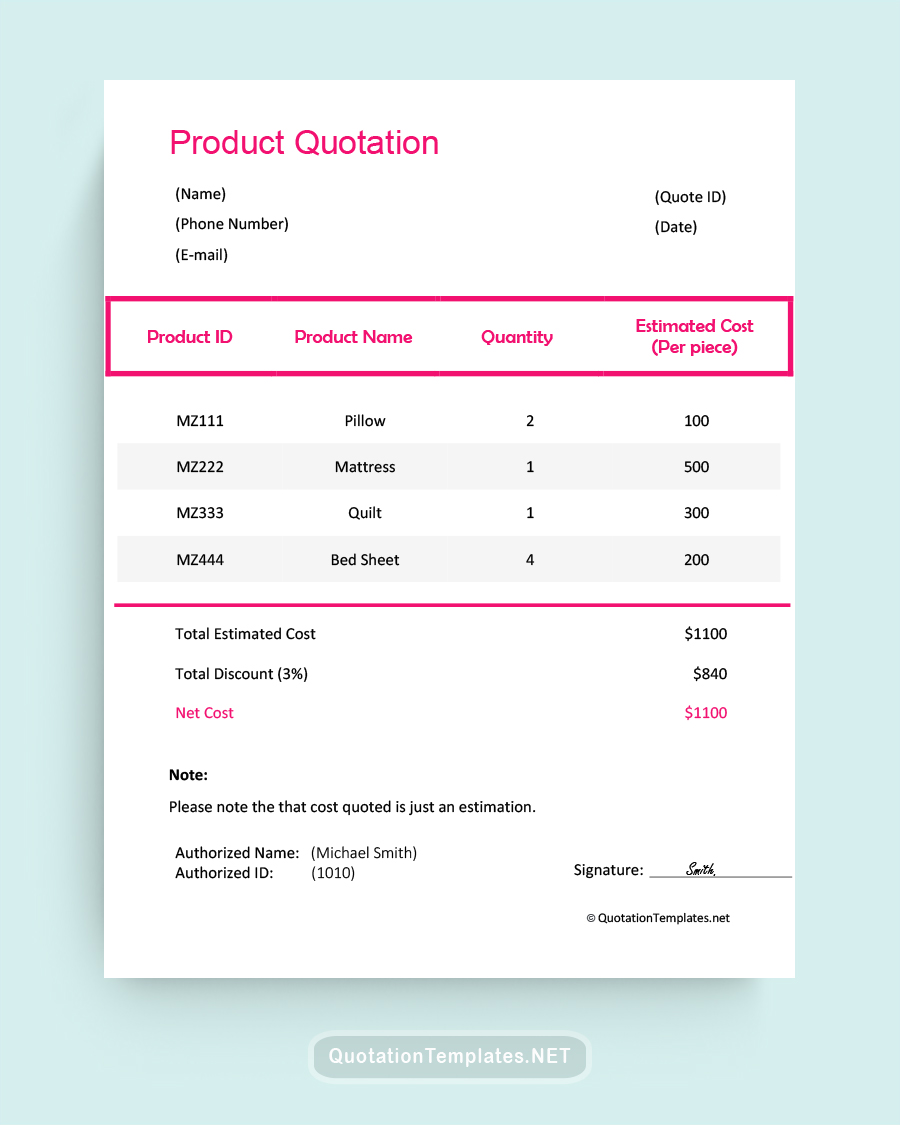 Product Quote Template - Pink - Word