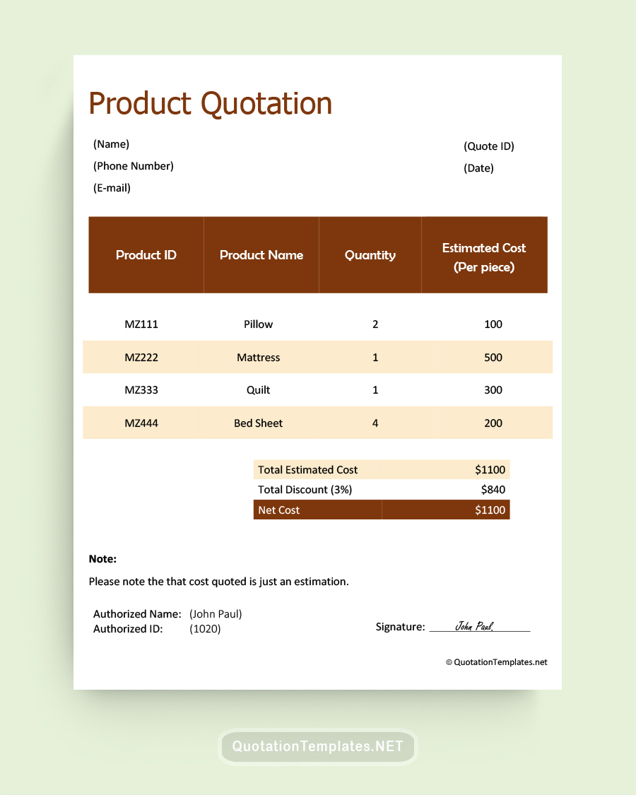 Product Quote Template - Brown - Word