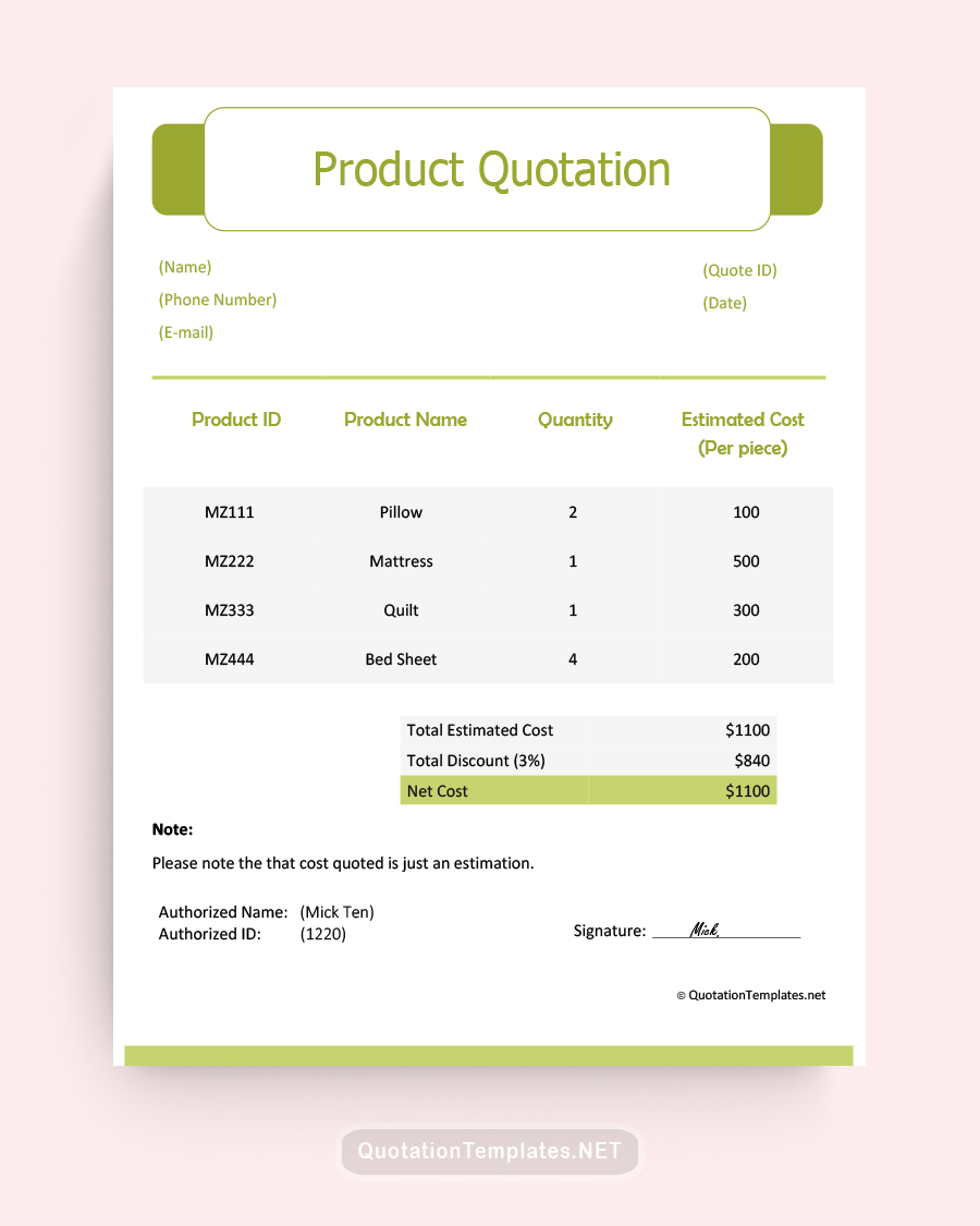Product Quote Template - Camouflage Green - Word
