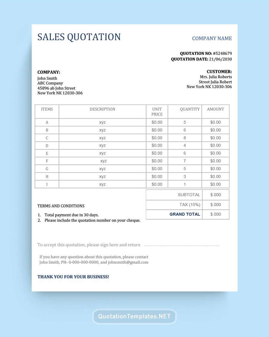 Sales Quote Template - Blue - Word