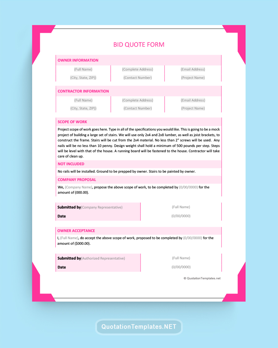 Bid Quote Template - Pink - Word