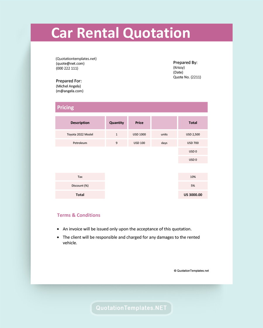 Car Rent Quote Template - Purple - Word