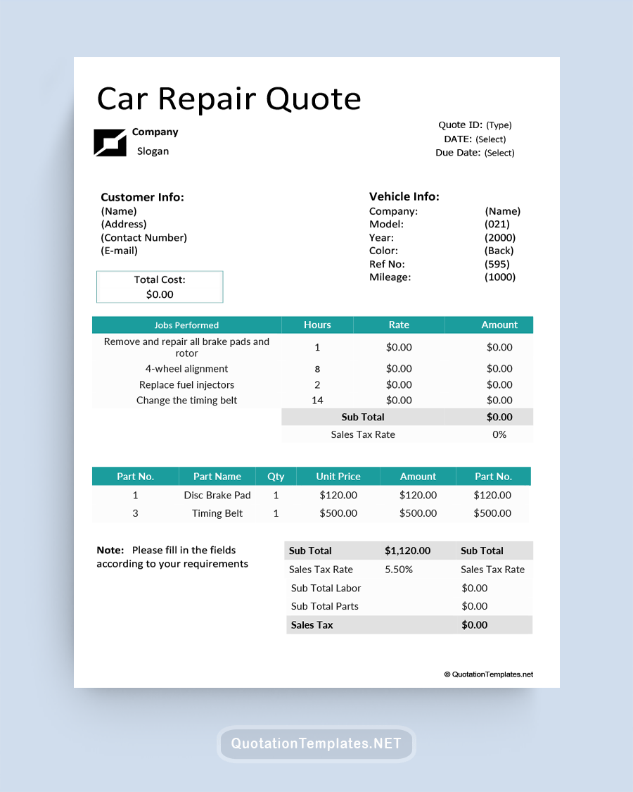 Car Repair Quote Template - Blue - Word