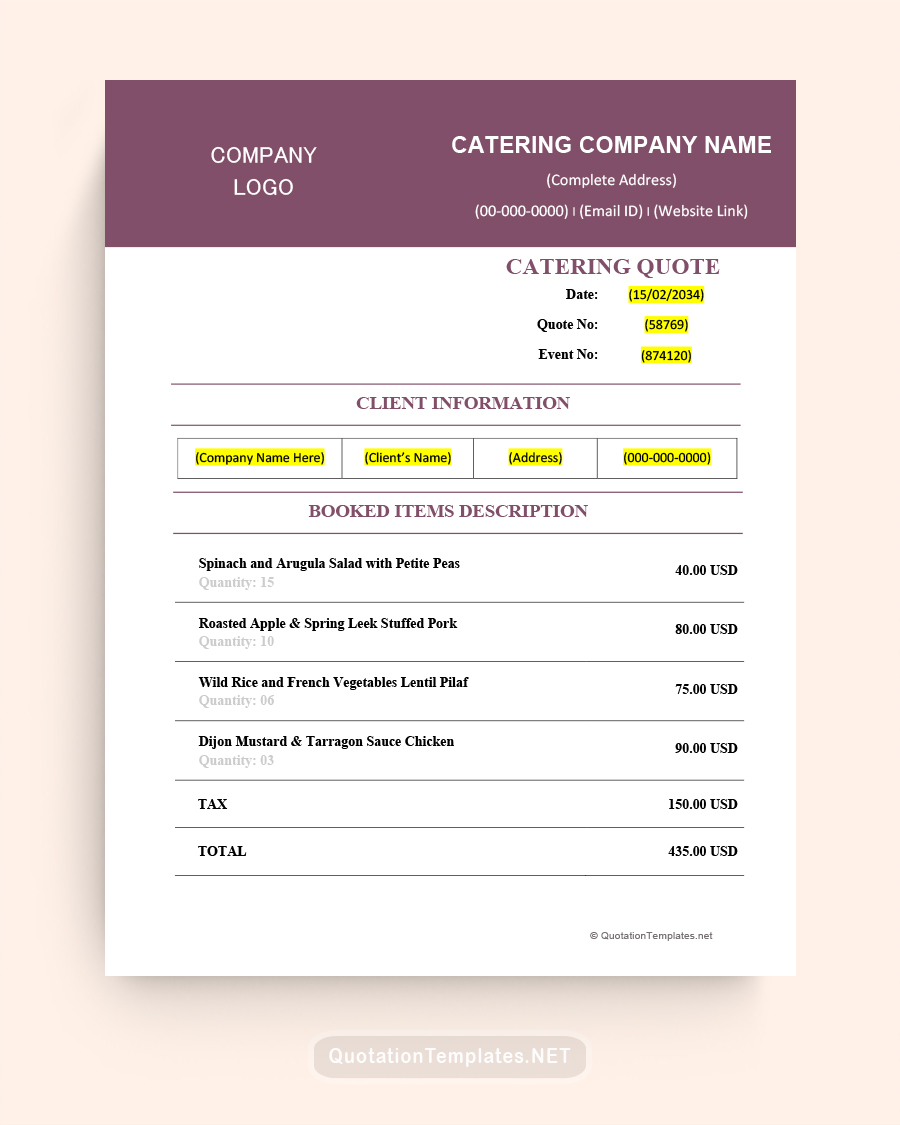 Catering Quote Template - Mauve Purple - Word