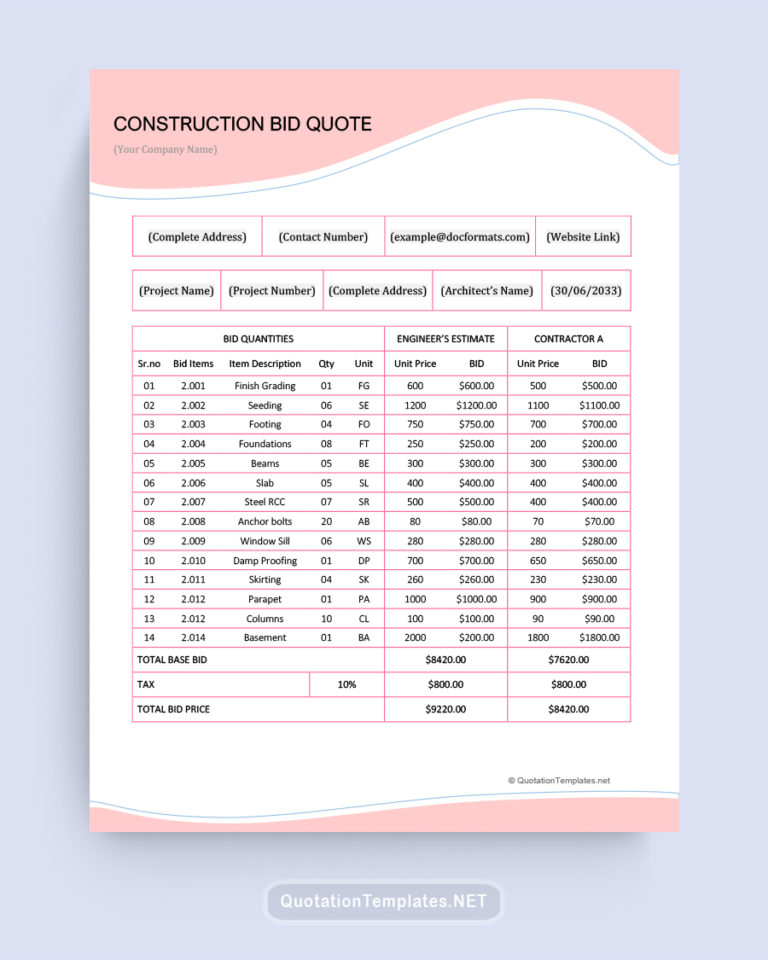 Construction Bid Quote Template BLK Quote Templates