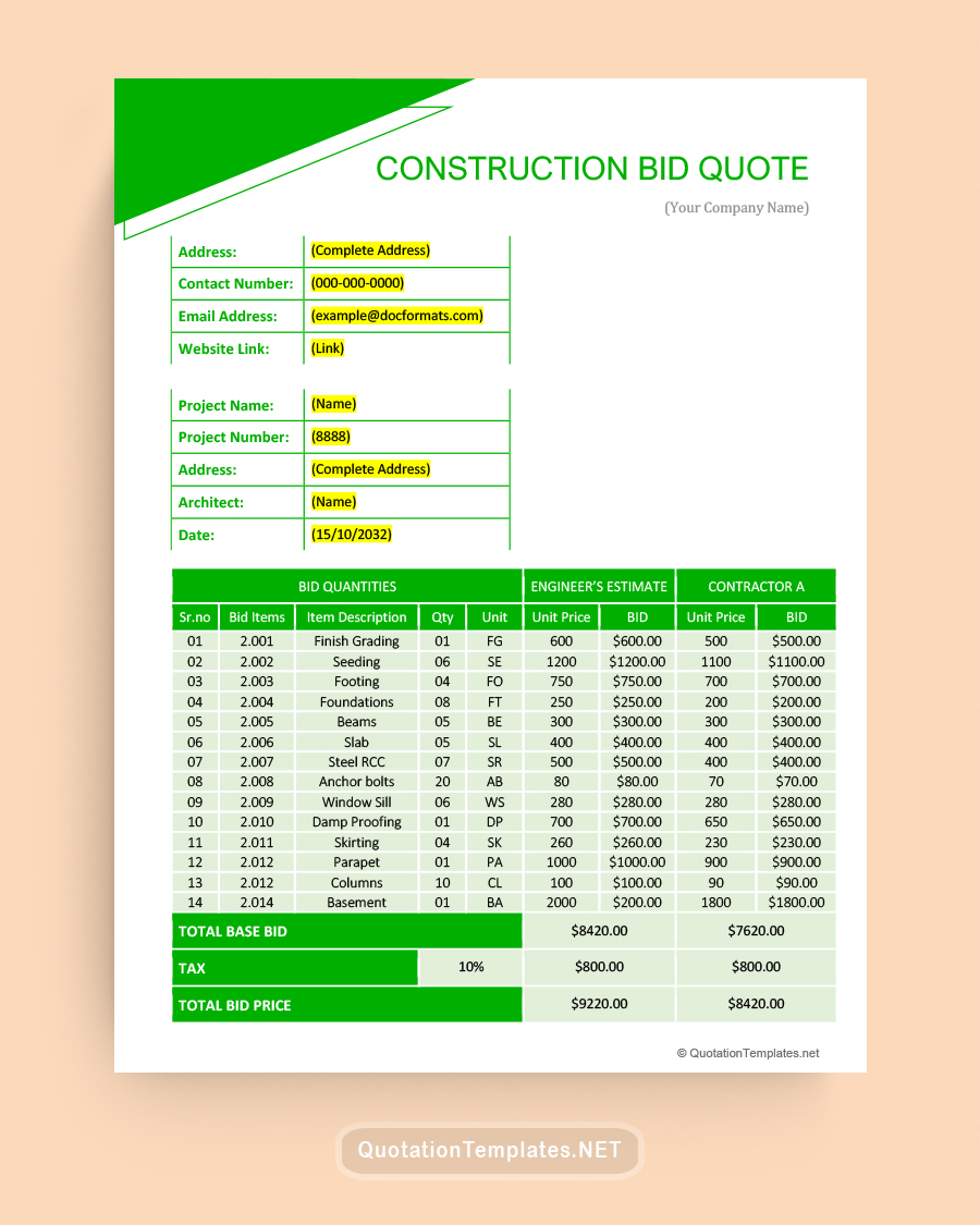 Construction Bid Quote Template - Green - Word