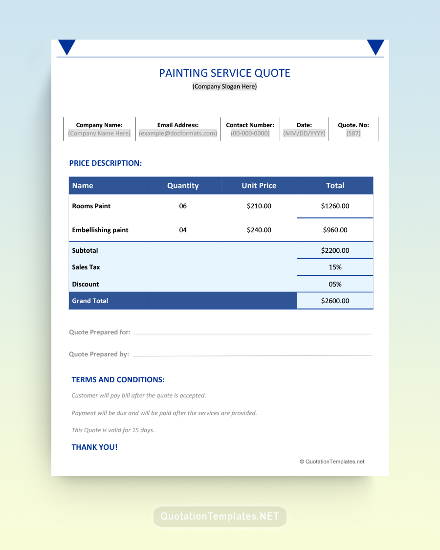 Contractor Painting Quote Template - Blue - Word
