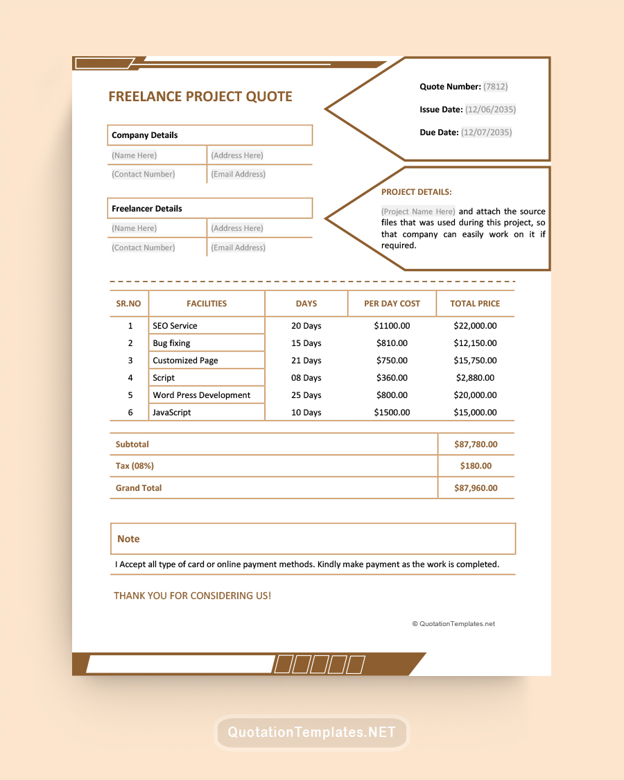 Freelance Project Quote Template - Brown - Word
