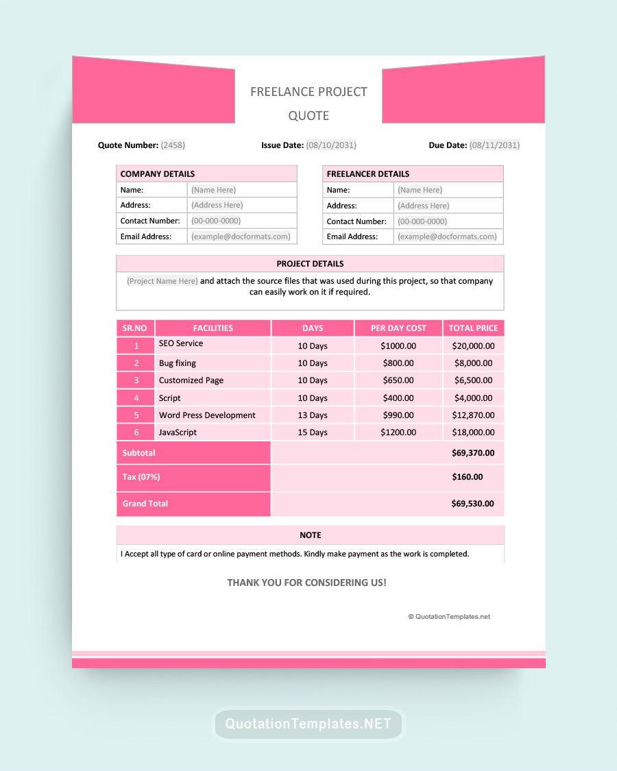 Freelance Project Quote Template - Pink - Word
