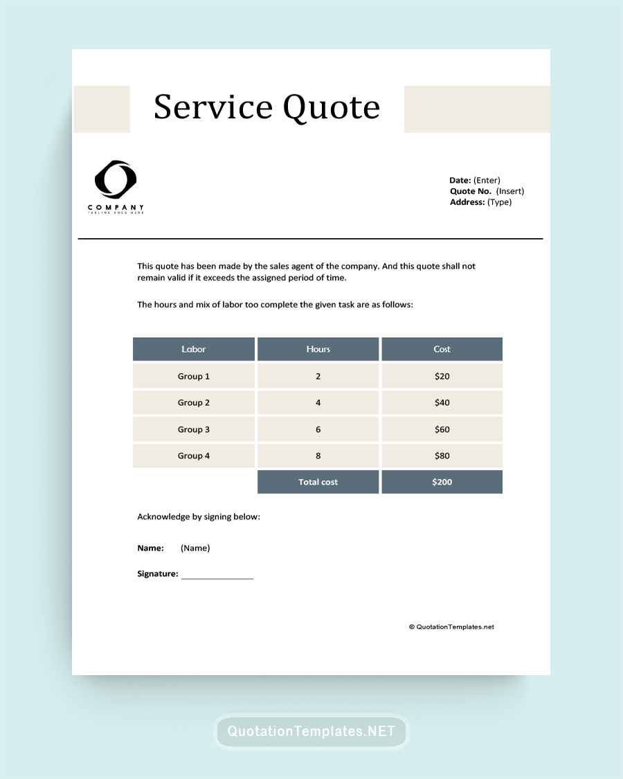 Hourly Service Quote Template - Blue