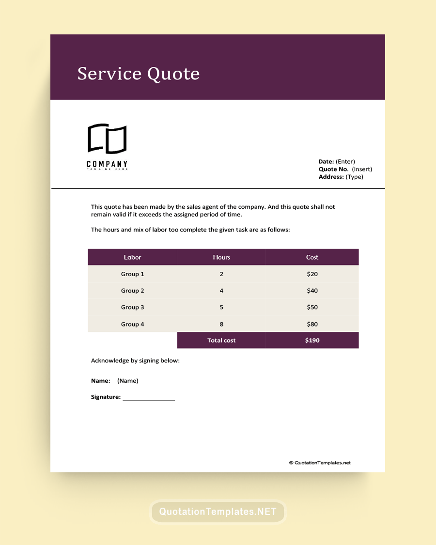 Hourly Service Quote Template - Purple