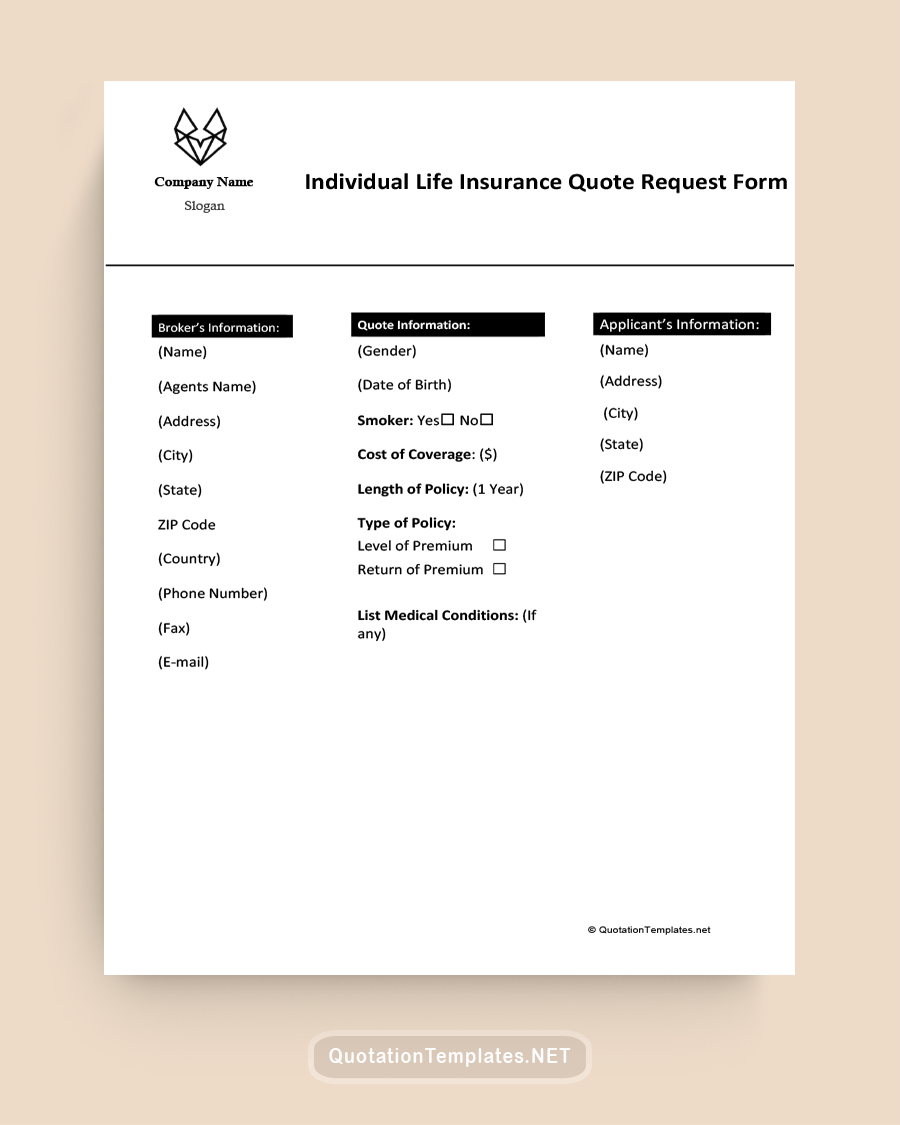 Individual Insurance Quote Template - Black - Word