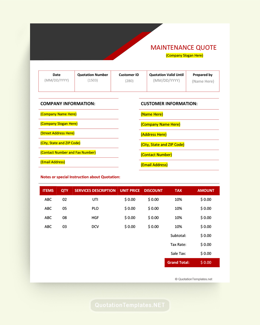 Maintenance Quote Template - Red - Word