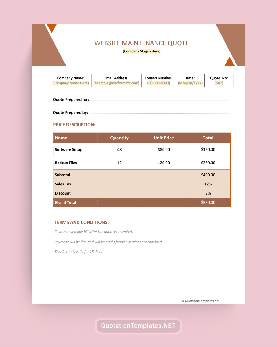 Website Maintenance Quote Template - Brown - Word