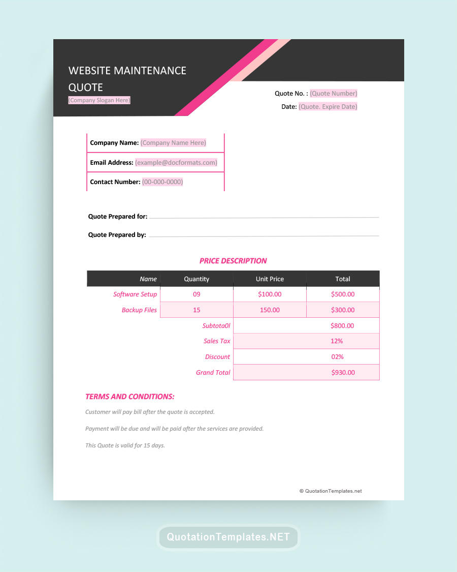Website Maintenance Quote Template - Pink - Word