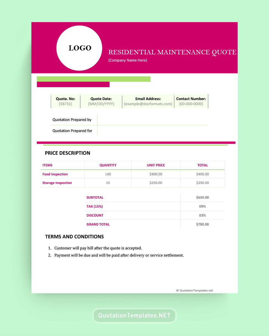 Residential Maintenance Quote Template - Dark Pink - Word