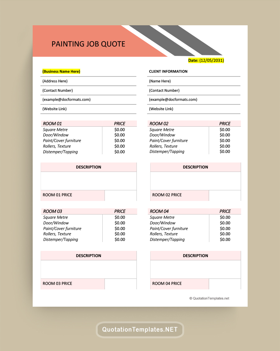 Painting Job Quote Template - Peach - Word