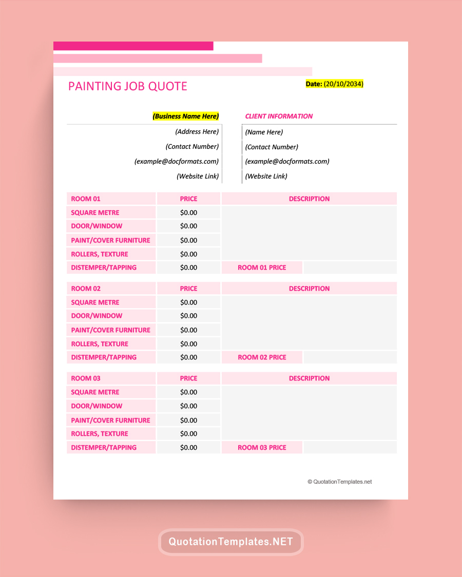 Painting Job Quote Template - Pink - Word