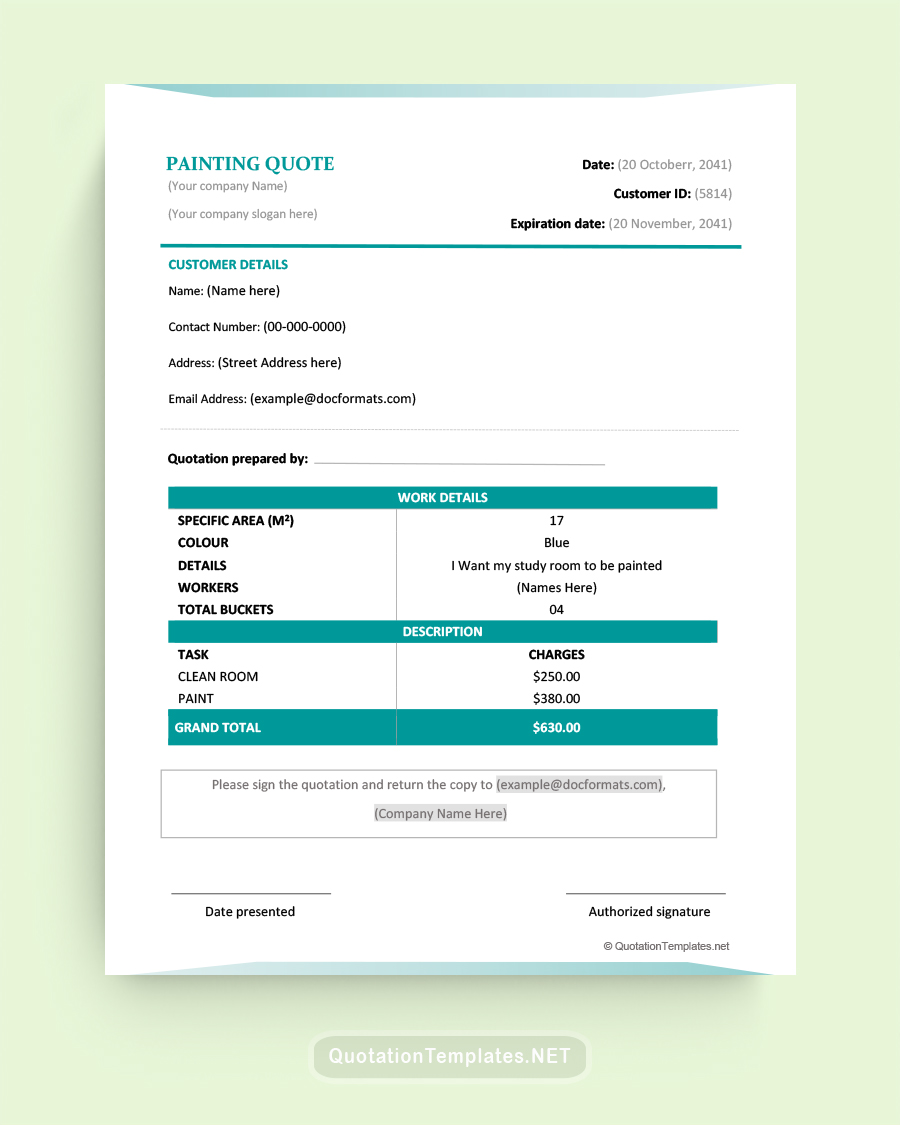 Painting Service Quote Template - Sea Green - Word