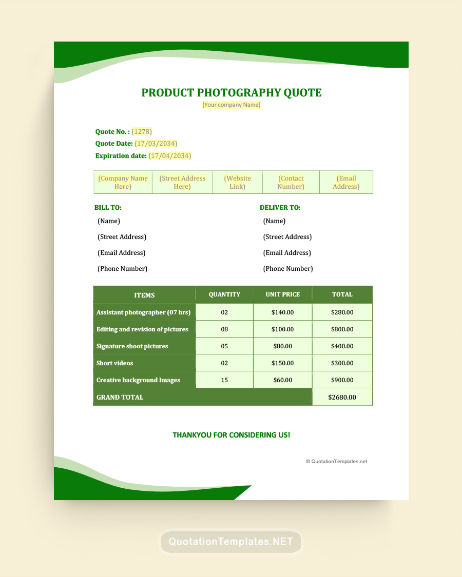 Product Photography Quote Template - Dark Green - Word