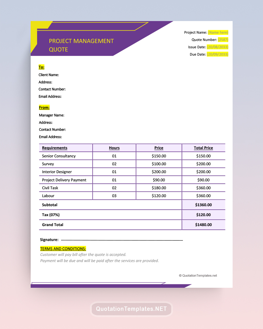Project Management Quote Template - Purple - Word