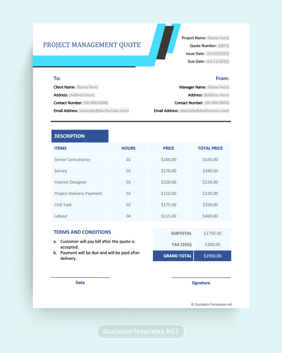 Project Management Quote Template - Blue - Word