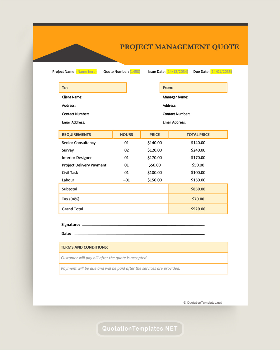 Project Management Quote Template - Orange - Word