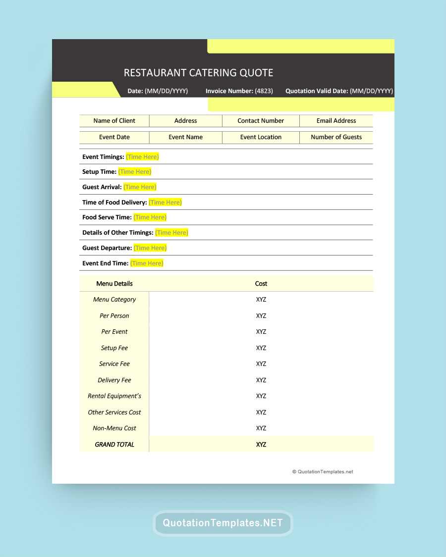 Restaurant Catering Quote Template - Yellow - Word