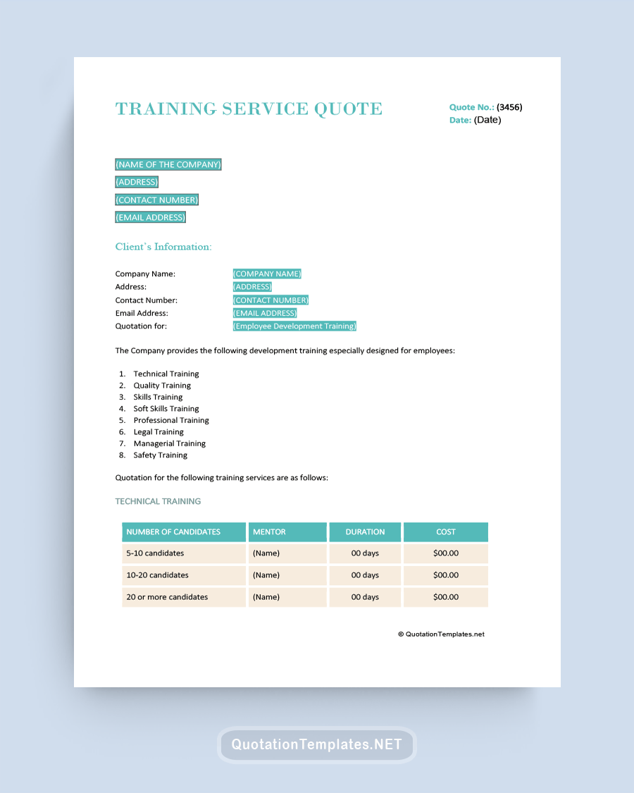 Training Service Quote Template - Light Blue