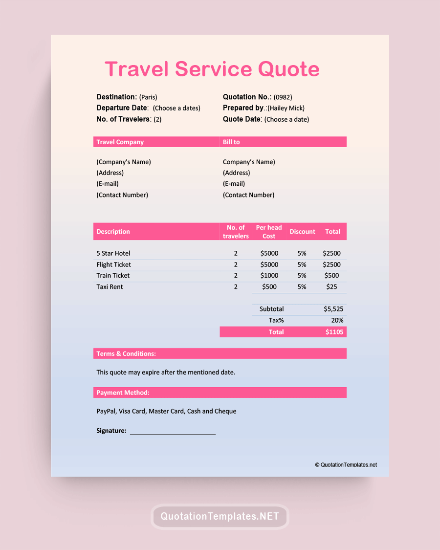 Travel Service Quote Template - Pink