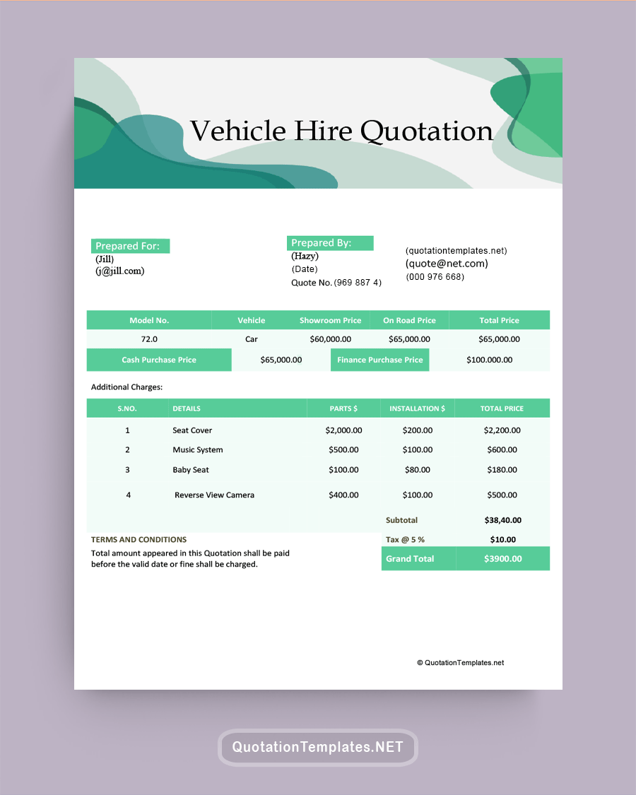 Vehicle Hire Quote Template - Green - Word