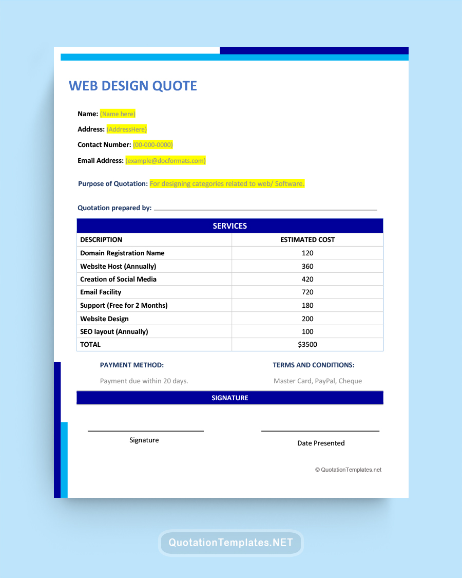 Web Design Quote Template - Blue - Word