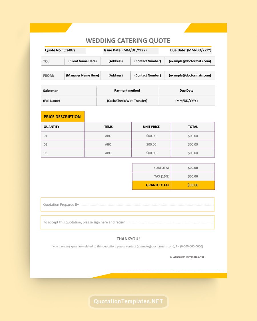 Wedding Catering Quote Template - Orange - Word