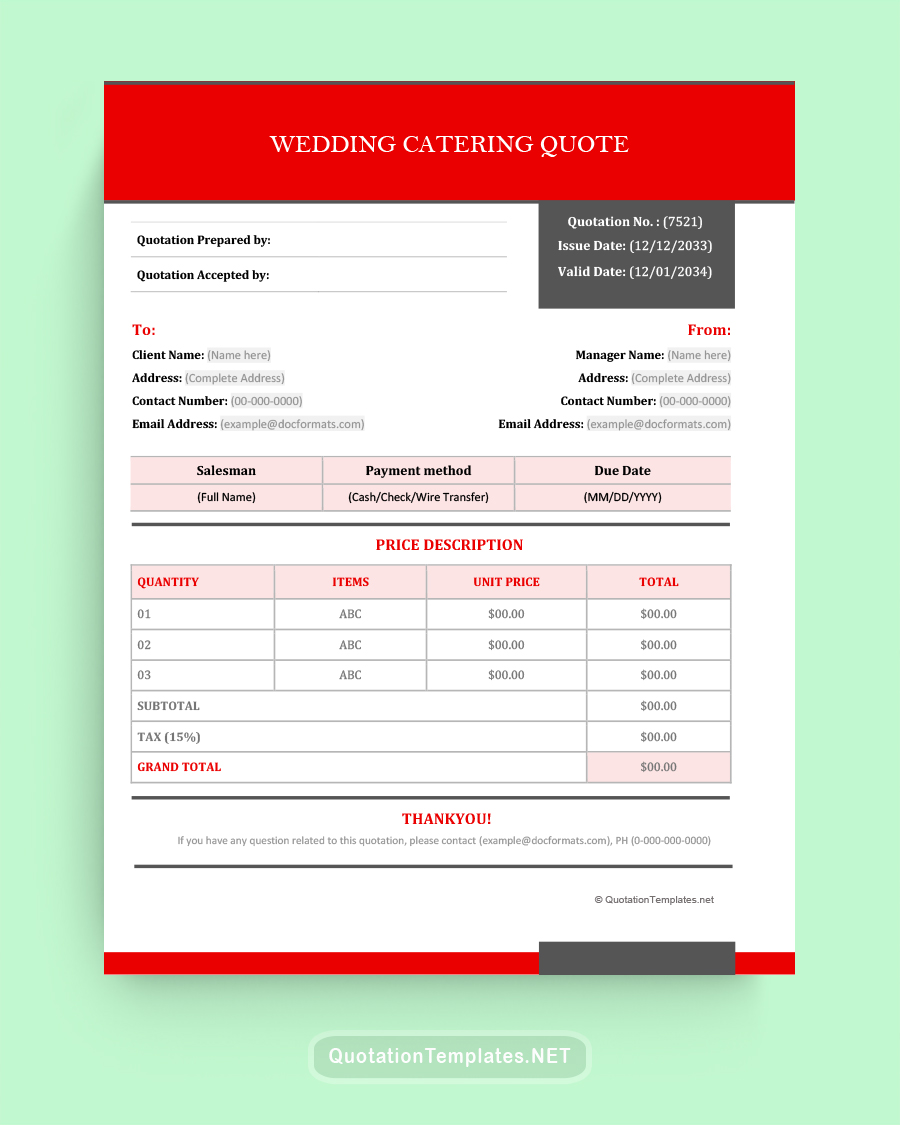 Wedding Catering Quote Template - Red - Word