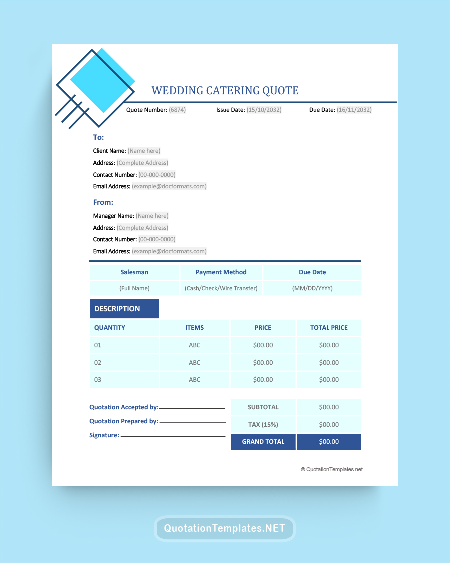 Wedding Catering Quote Template - Blue - Word