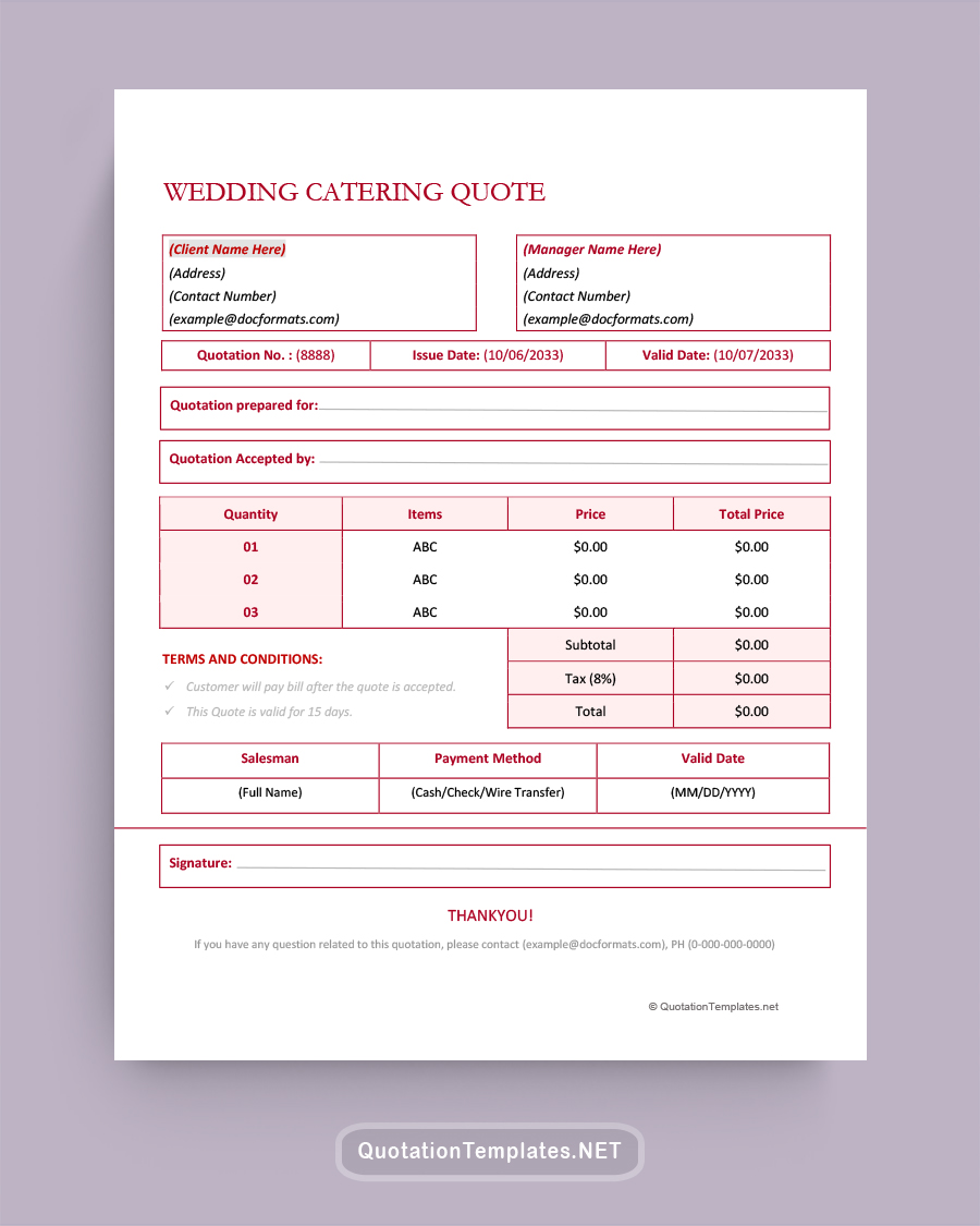Wedding Catering Quote Template - Maroon - Word