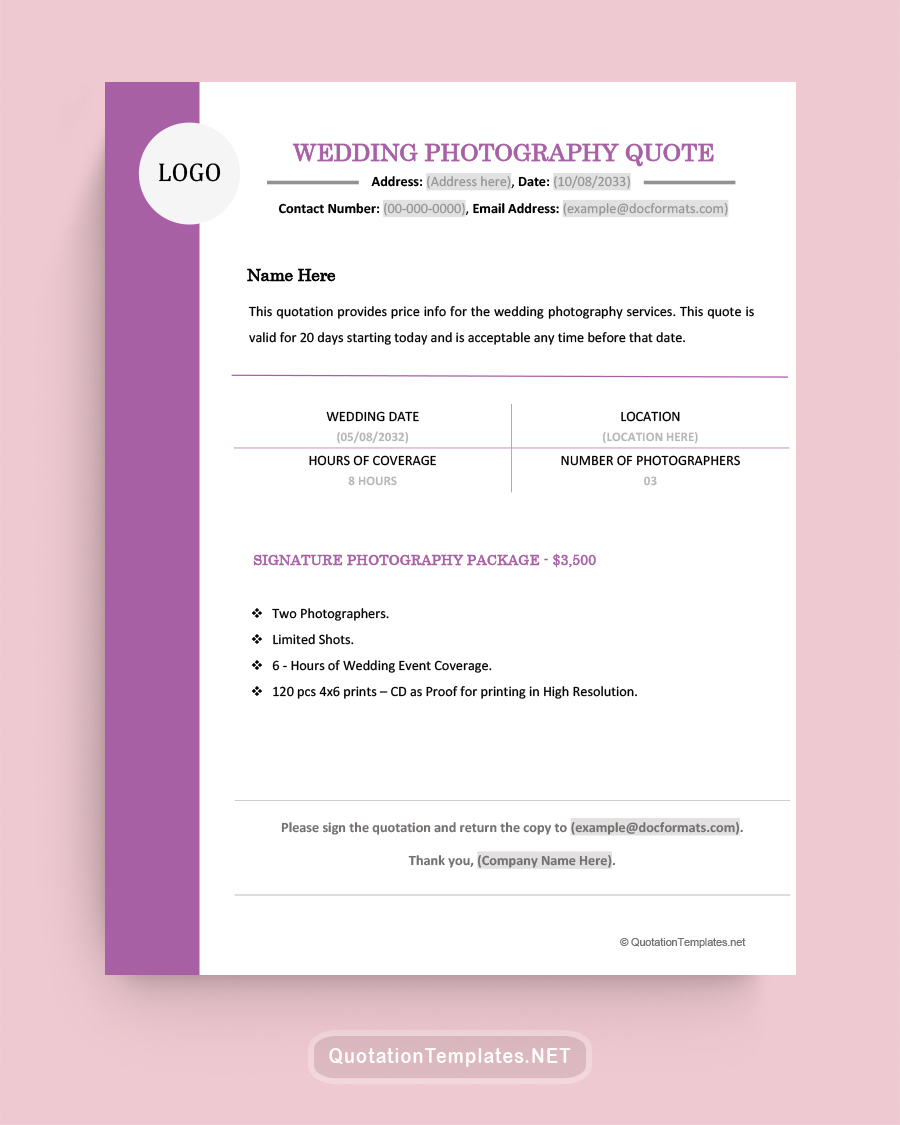 Wedding Photography Quote Template - Purple - Word