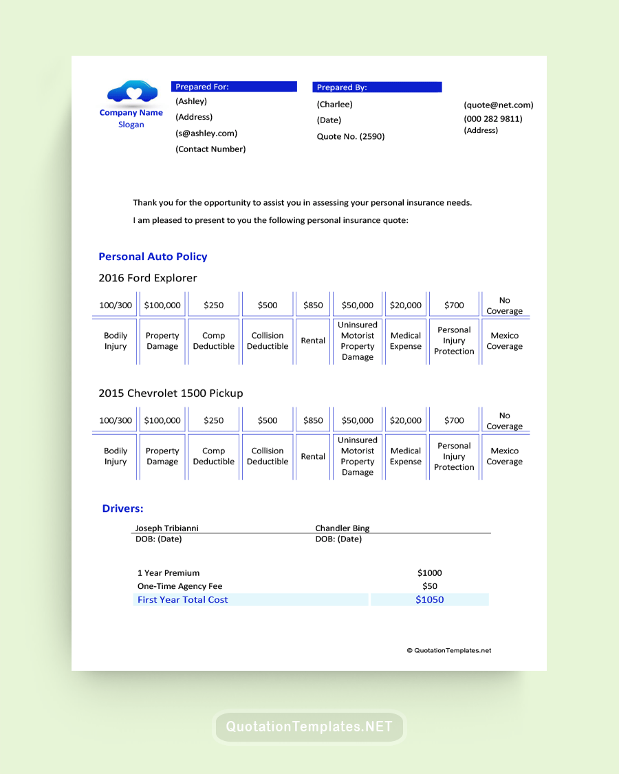 Car Insurance Quote Template - Blue - Word
