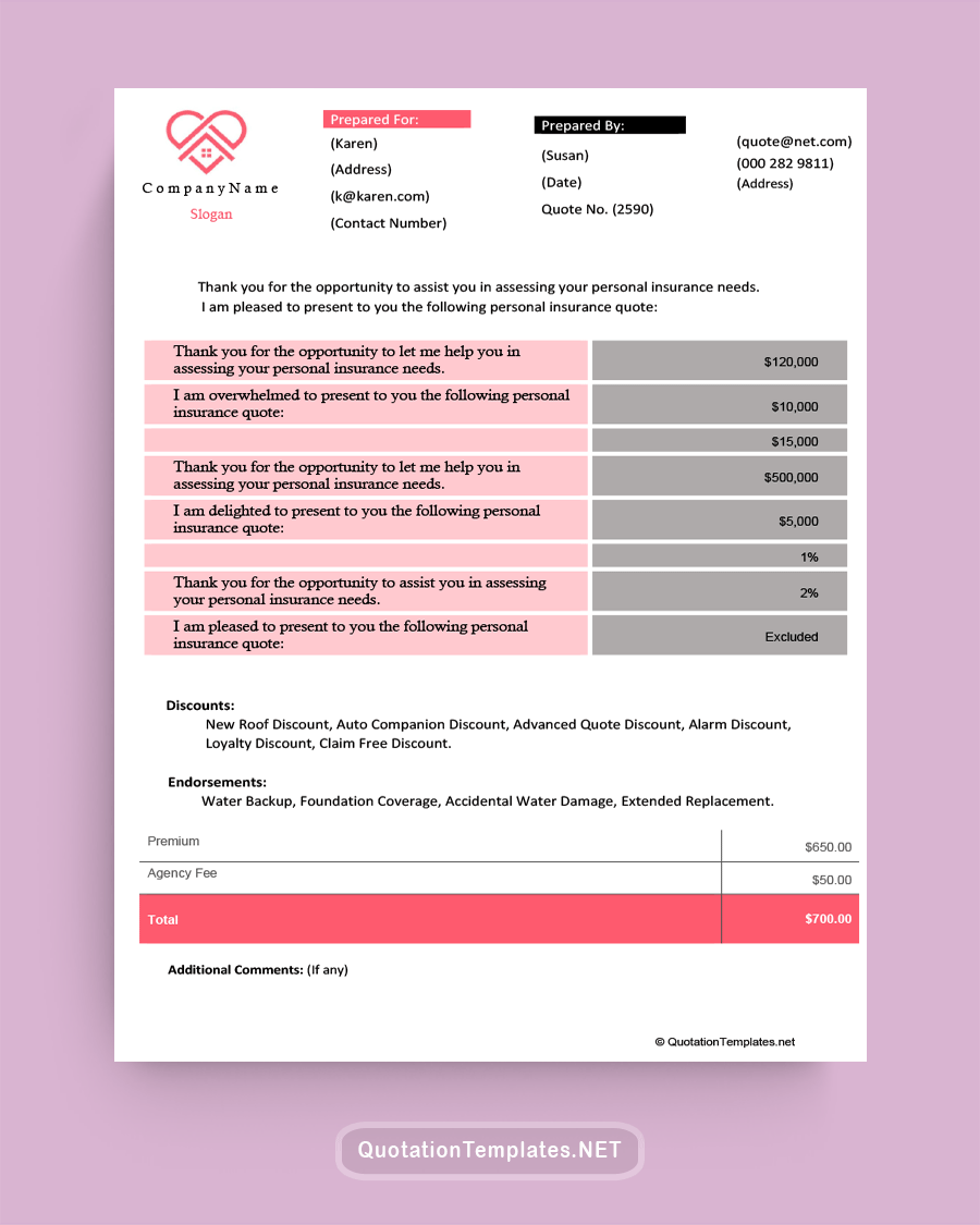Landlord Insurance Quote Template - Pink