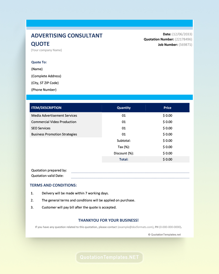 Advertising Consultant Quote Template - Blue - Word