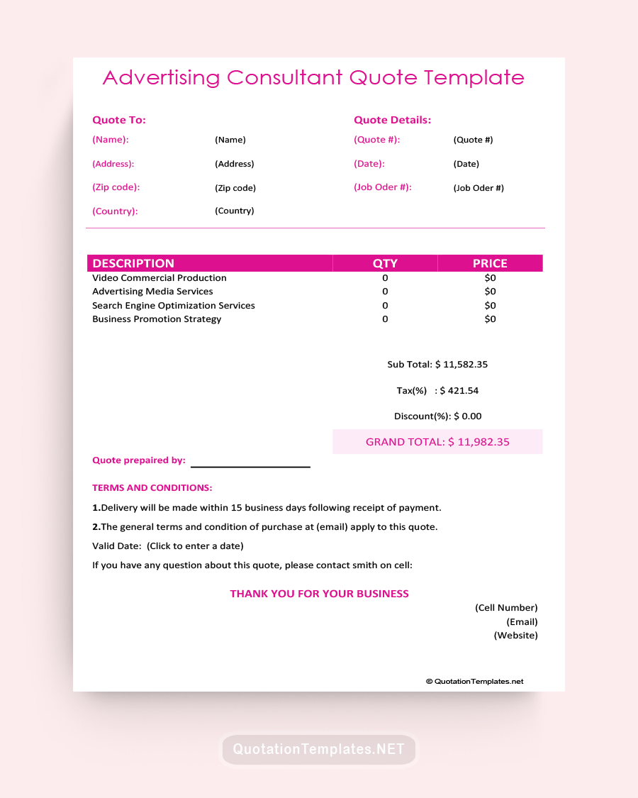 Advertising Consultant Quote Template - 220810 - Pink